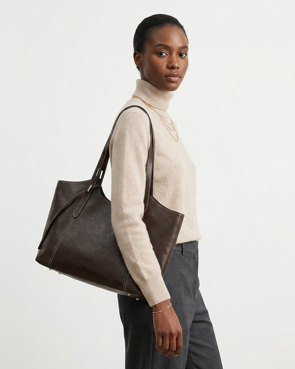 Genuine Leather Tote Bag with Contrast Stitching