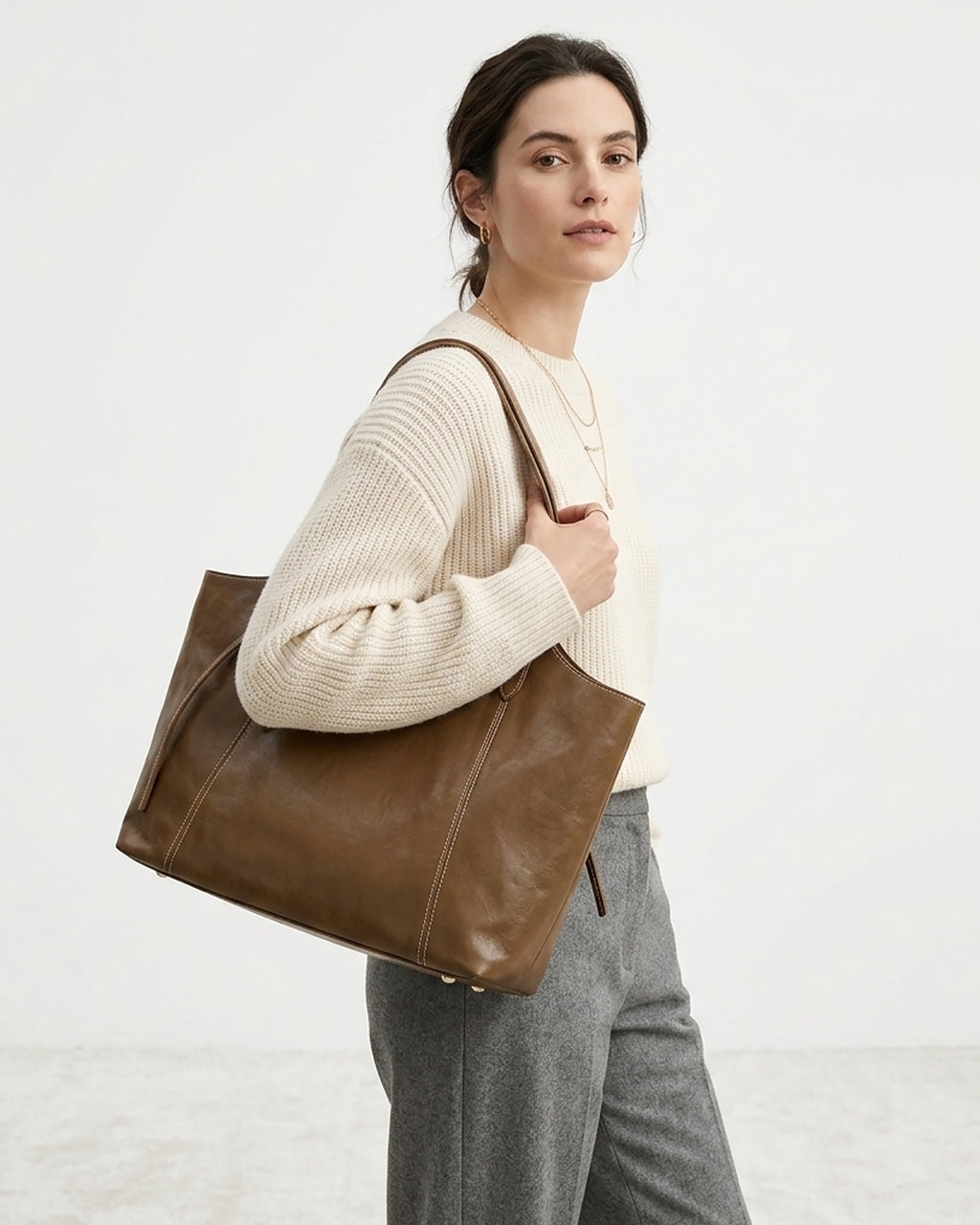 Genuine Leather Tote Bag with Contrast Stitching