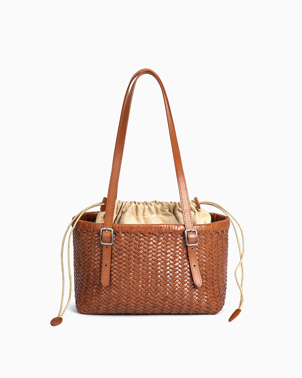 Women's Genuine Leather Woven Tote Bucket Bag with Removable Pouch and Buckles Detail, Casual Camel Color
