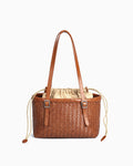 Women's Genuine Leather Woven Tote Bucket Bag with Removable Pouch and Buckles Detail, Casual Camel Color