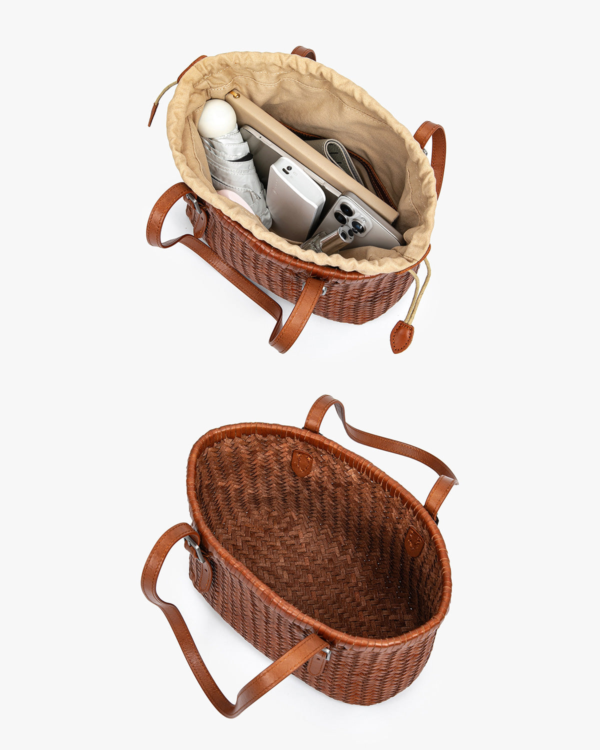 Compartment details and capacity of Genuine Leather Woven Bucket Bag with Buckles Detail