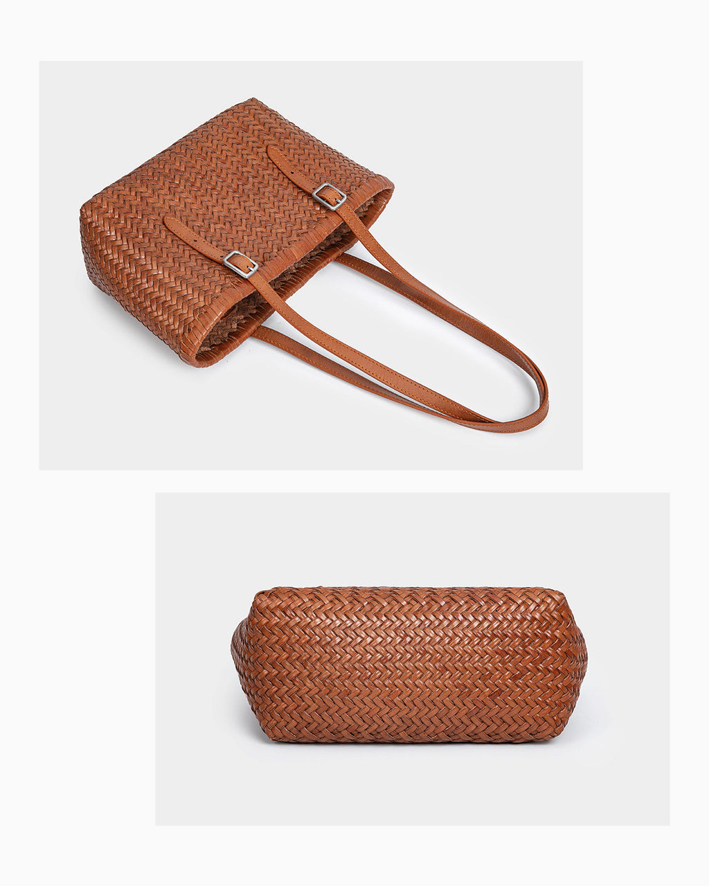 Handwoven Leather Tote Bucket Bag with Buckles Detail, Casual Camel Color
