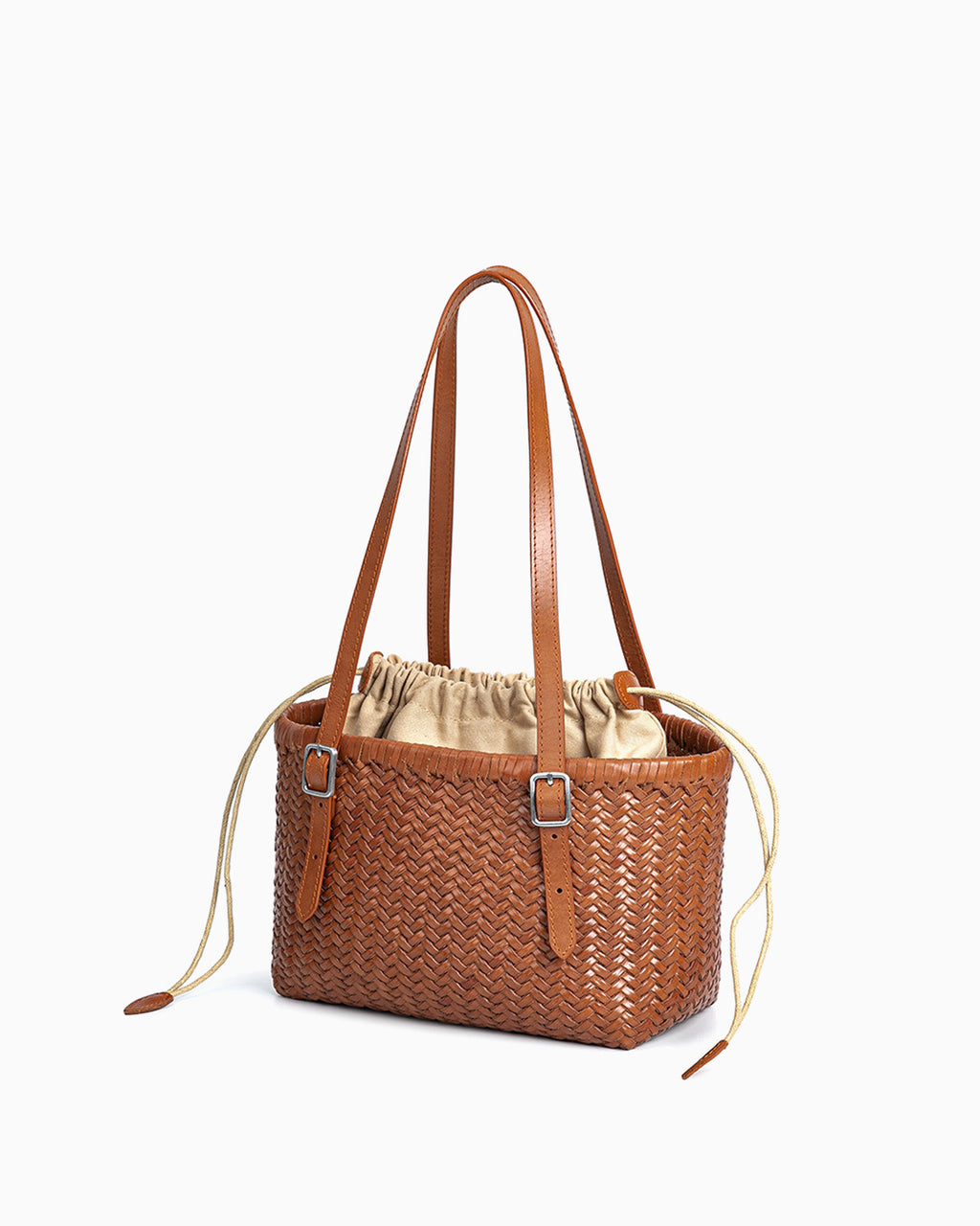 Side view of the Women's Leather Woven Tote Bucket Bag with Removable Pouch and Buckles Detail, Casual Camel Color