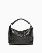 Trendy Faux Vegan Leather Woven HOBO Handbag with Adjustable Strap, Black color