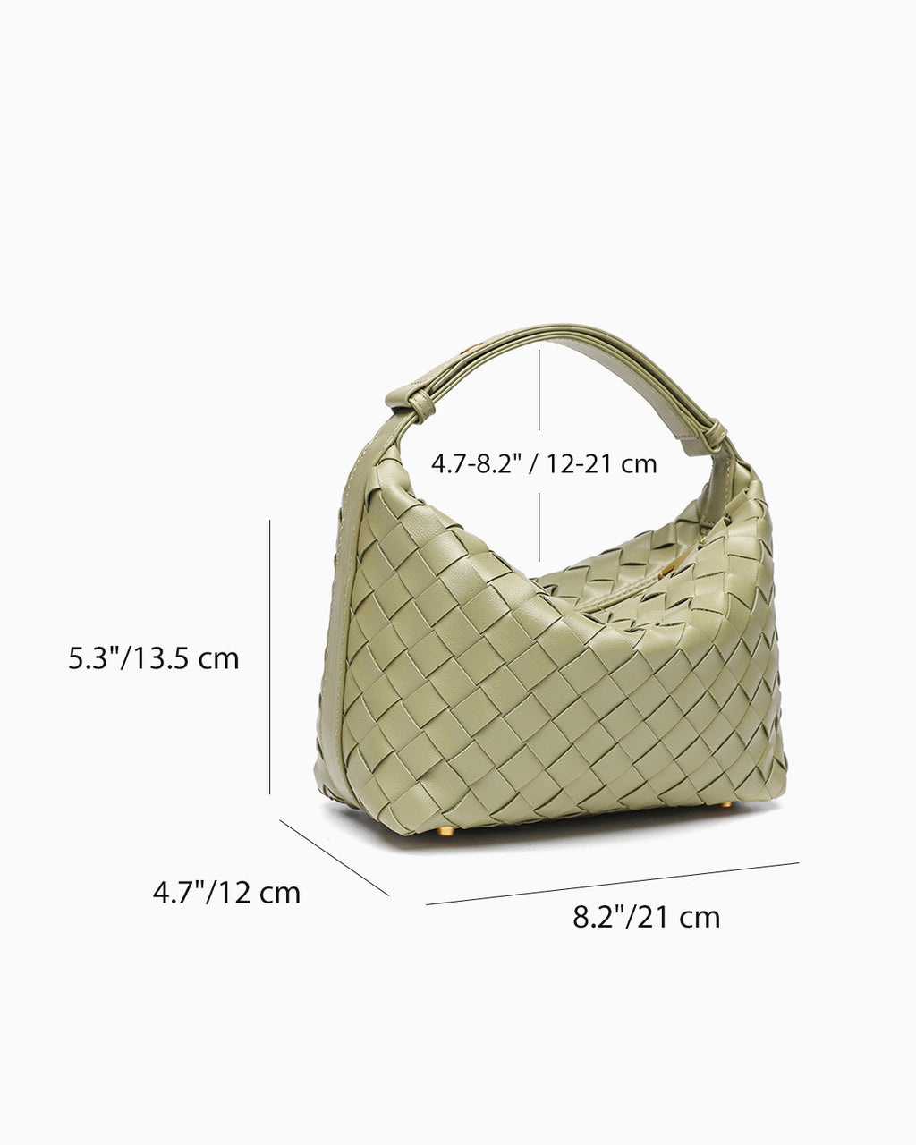 Dimensions of trendy Faux Vegan Leather Woven HOBO Handbag with Adjustable Strap in Travertine color