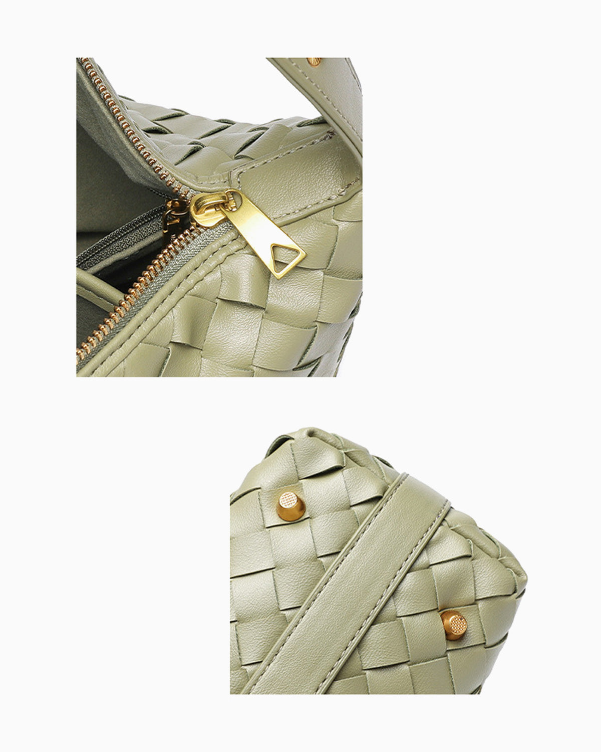 Leather texture and hardware details of Faux Vegan Leather Woven HOBO Handbag