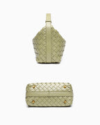 Side and bottom views of Faux Vegan Leather Woven HOBO Handbag with Adjustable Strap in Travertine color