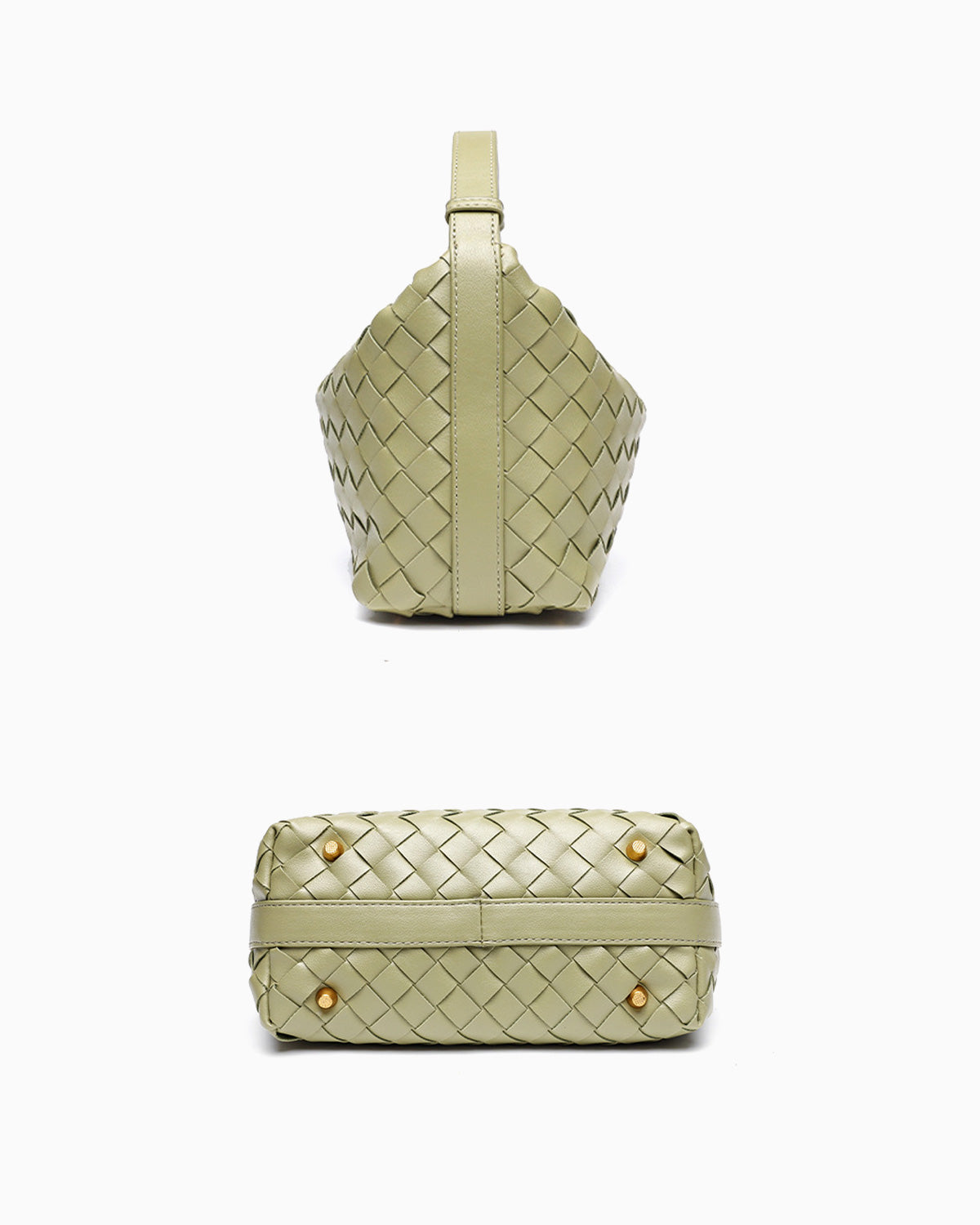 Side and bottom views of Faux Vegan Leather Woven HOBO Handbag with Adjustable Strap in Travertine color