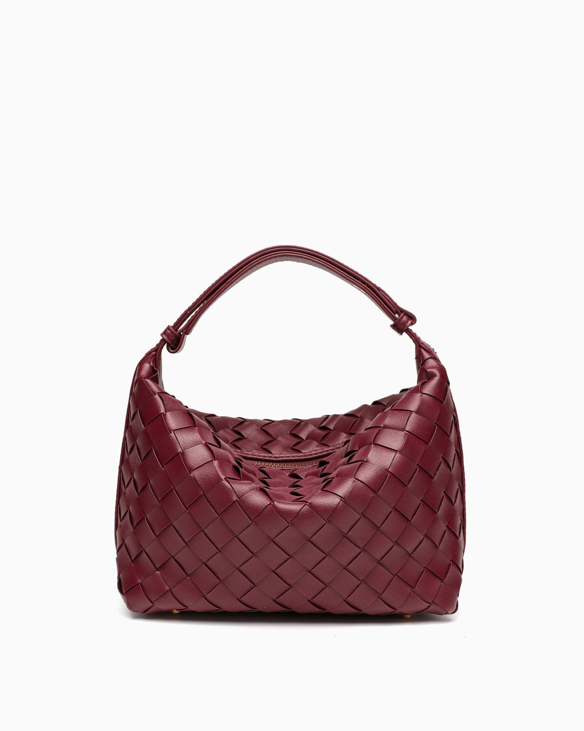 Faux Vegan Leather Woven HOBO Handbag with Adjustable Strap, Wine Red color
