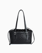 Women's Trendy Genuine Leather Woven Tote Bucket Bag with Buckles Detail, Black Color