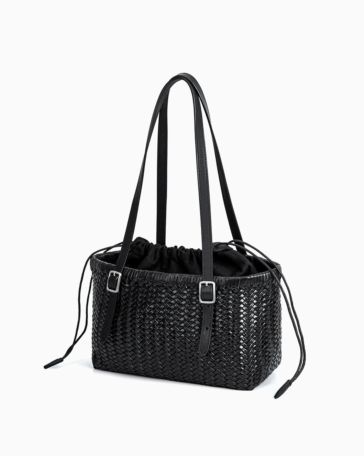 Side view of the Women's Trendy Genuine Leather Woven Tote Bucket Bag with Buckle Details, Black Color