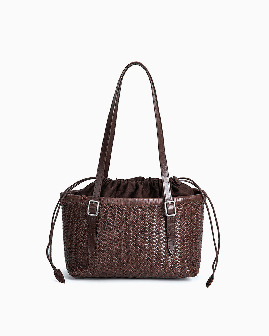 Trendy & Stylish Genuine Leather Woven Tote Bucket Bag with Buckle Details, Coffee Color
