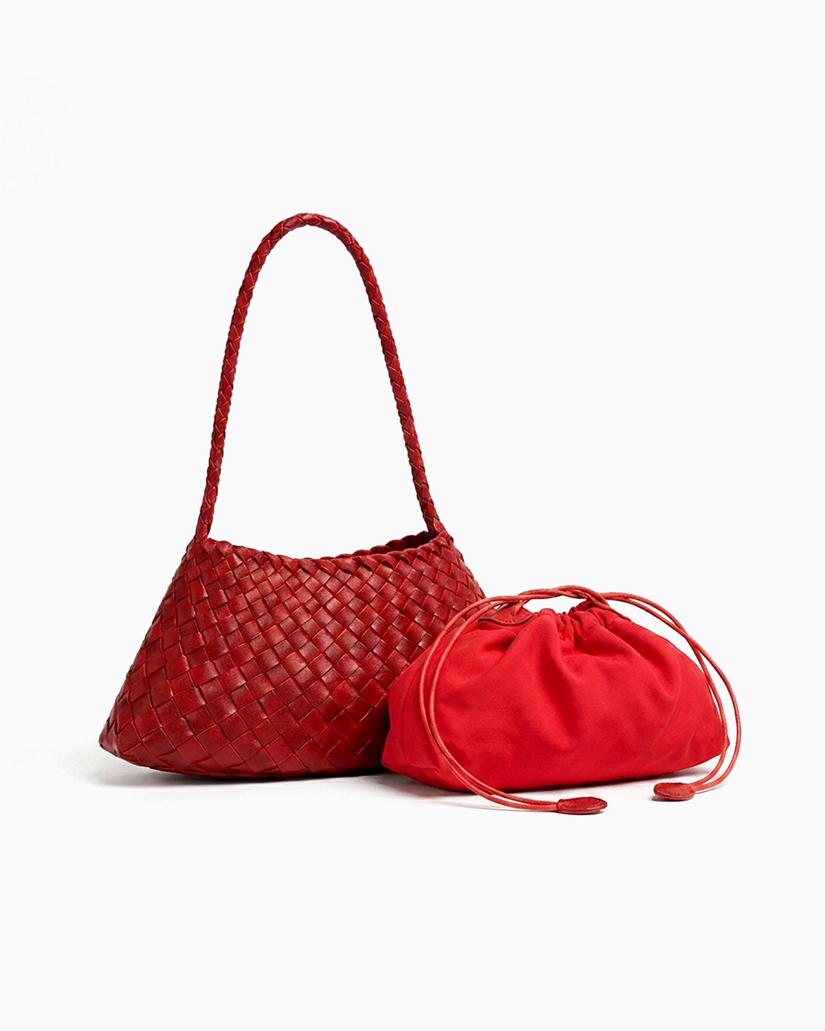 Vegan Leather Woven Shoulder Bag with Pouch, Red Color
