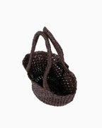 Top view of the Natural Woven Raffia Tote Bag with Removable Pouch, Coffee color