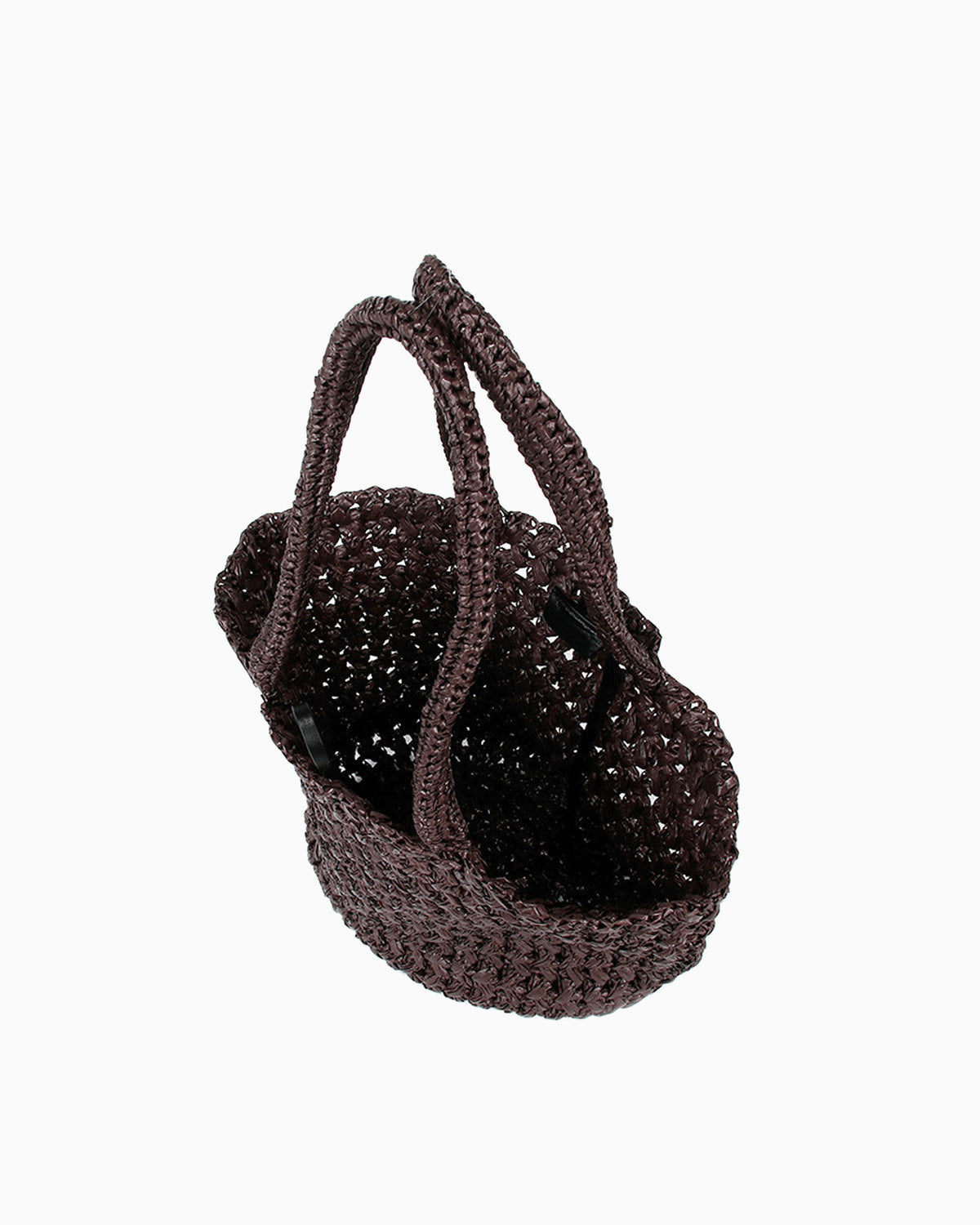 Top view of the Natural Woven Raffia Tote Bag with Removable Pouch, Coffee color