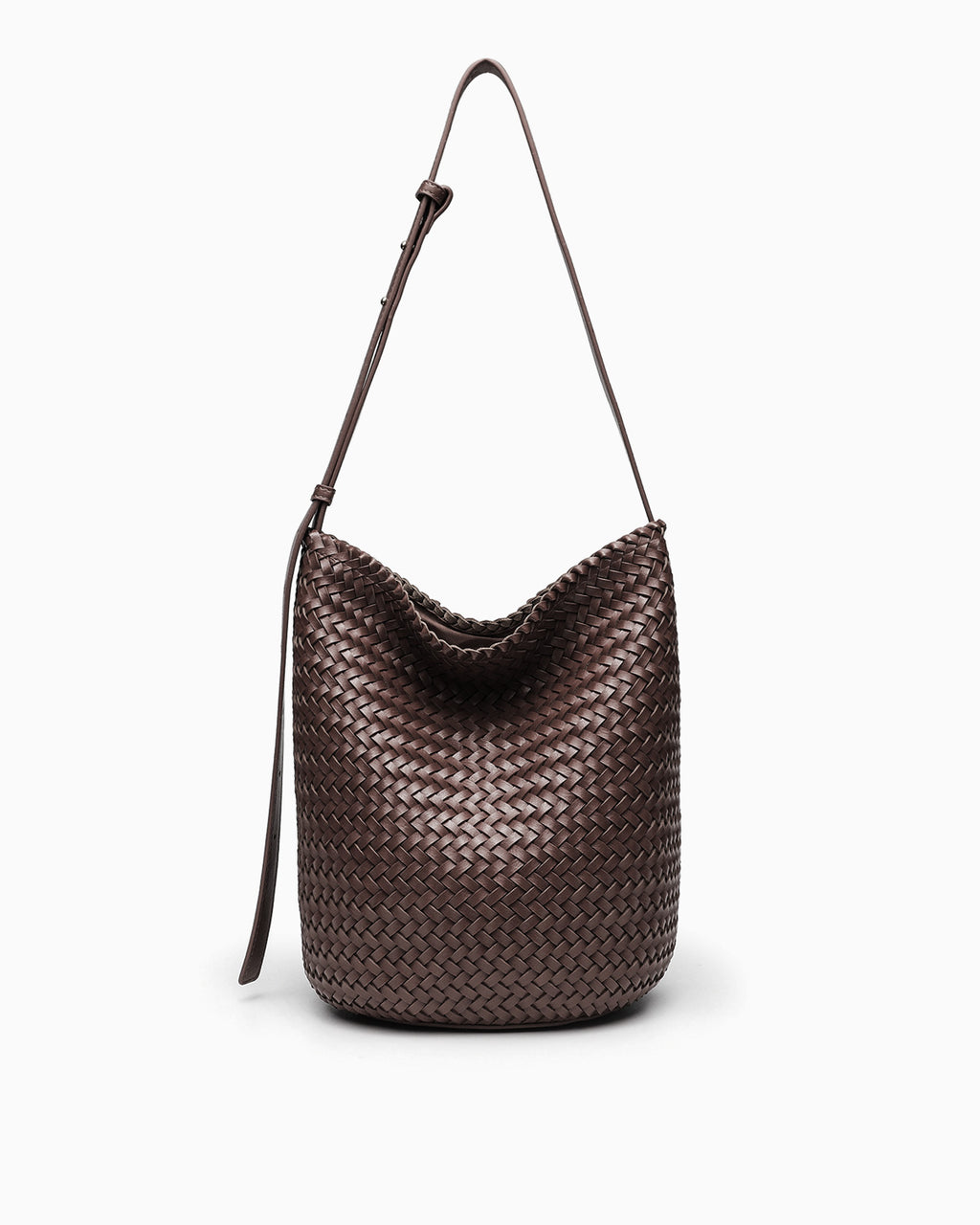 Woven Vegan Leather Bucket Bag with Adjustable Strap, Chocolate Color