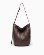Woven Vegan Leather Bucket Bag with Adjustable Strap, Chocolate Color