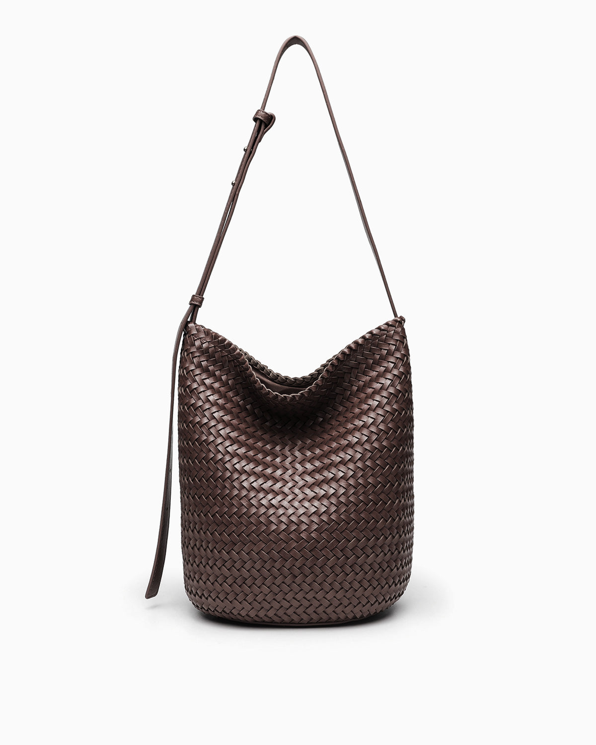 Woven Vegan Leather Bucket Bag with Adjustable Strap, Chocolate Color