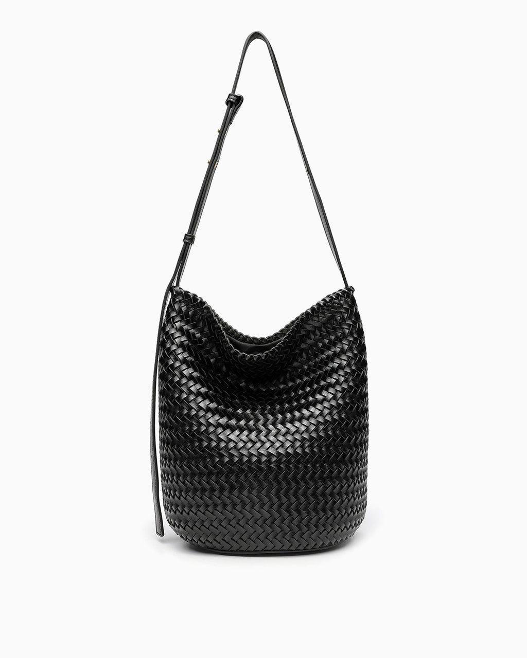 Woven Vegan Leather Bucket Bag with Adjustable Strap, Black Color