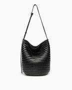 Woven Vegan Leather Bucket Bag with Adjustable Strap, Black Color