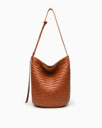 Woven Vegan Leather Bucket Bag with Adjustable Strap, Rich Caramel Color