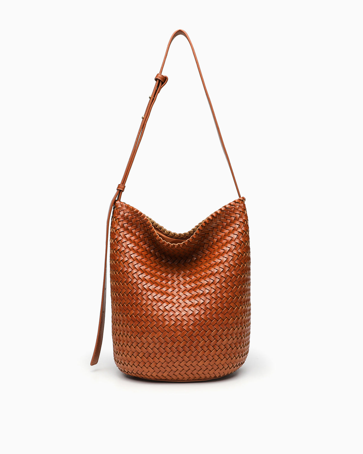 Woven Vegan Leather Bucket Bag with Adjustable Strap, Rich Caramel Color