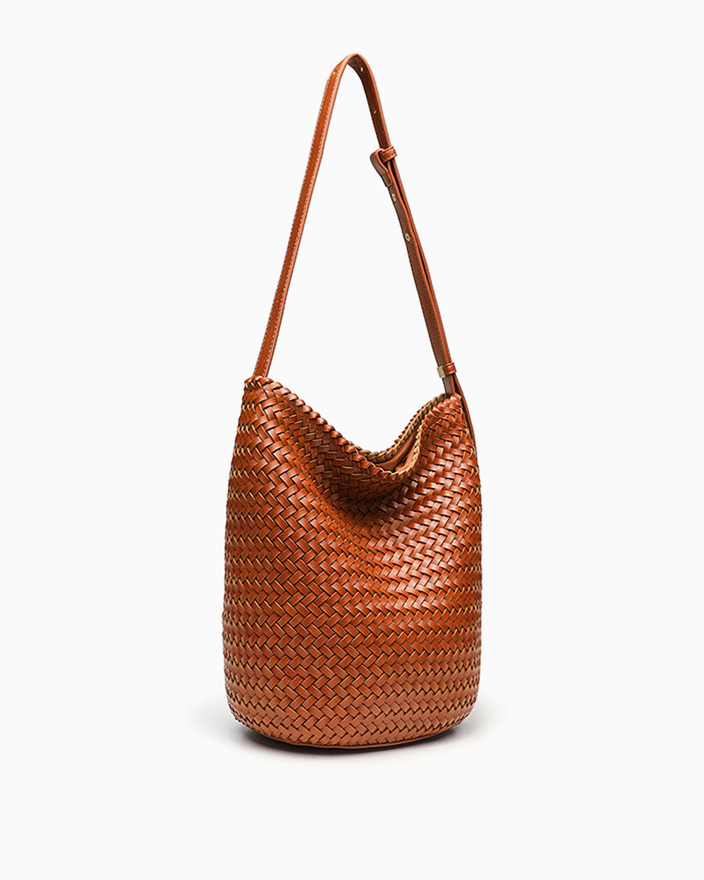 Side view of the Woven Vegan Leather Bucket Bag with Adjustable Strap in Rich Caramel Color