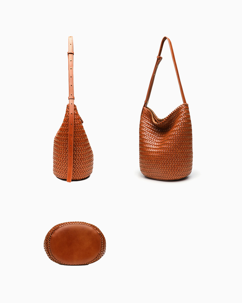 Side and bottom views of the Woven Vegan Leather Bucket Bag with Adjustable Strap
