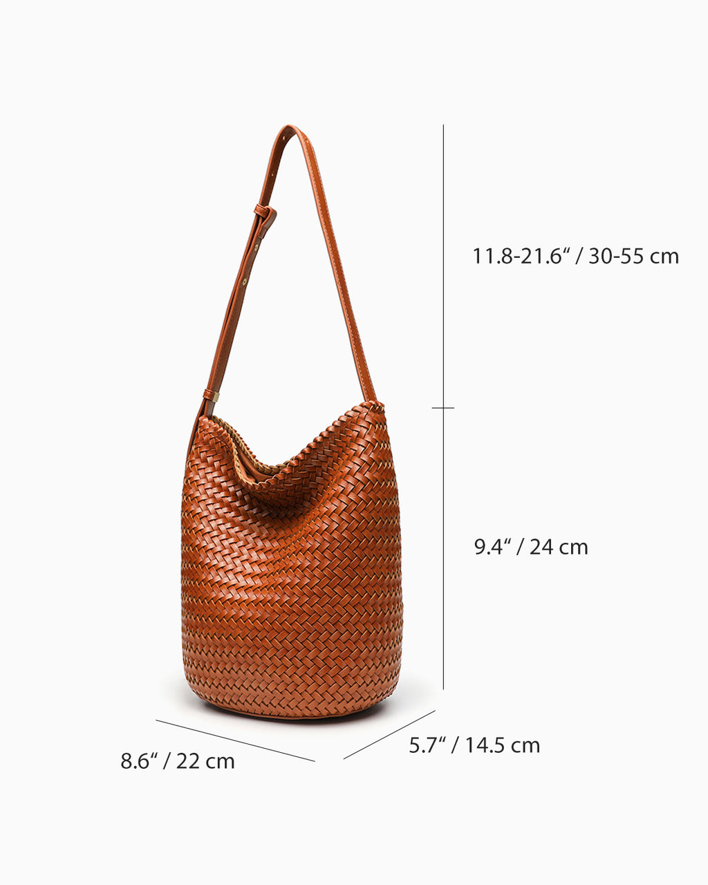 Dimensions of the Woven Vegan Leather Bucket Bag with Adjustable Strap in Rich Caramel Color