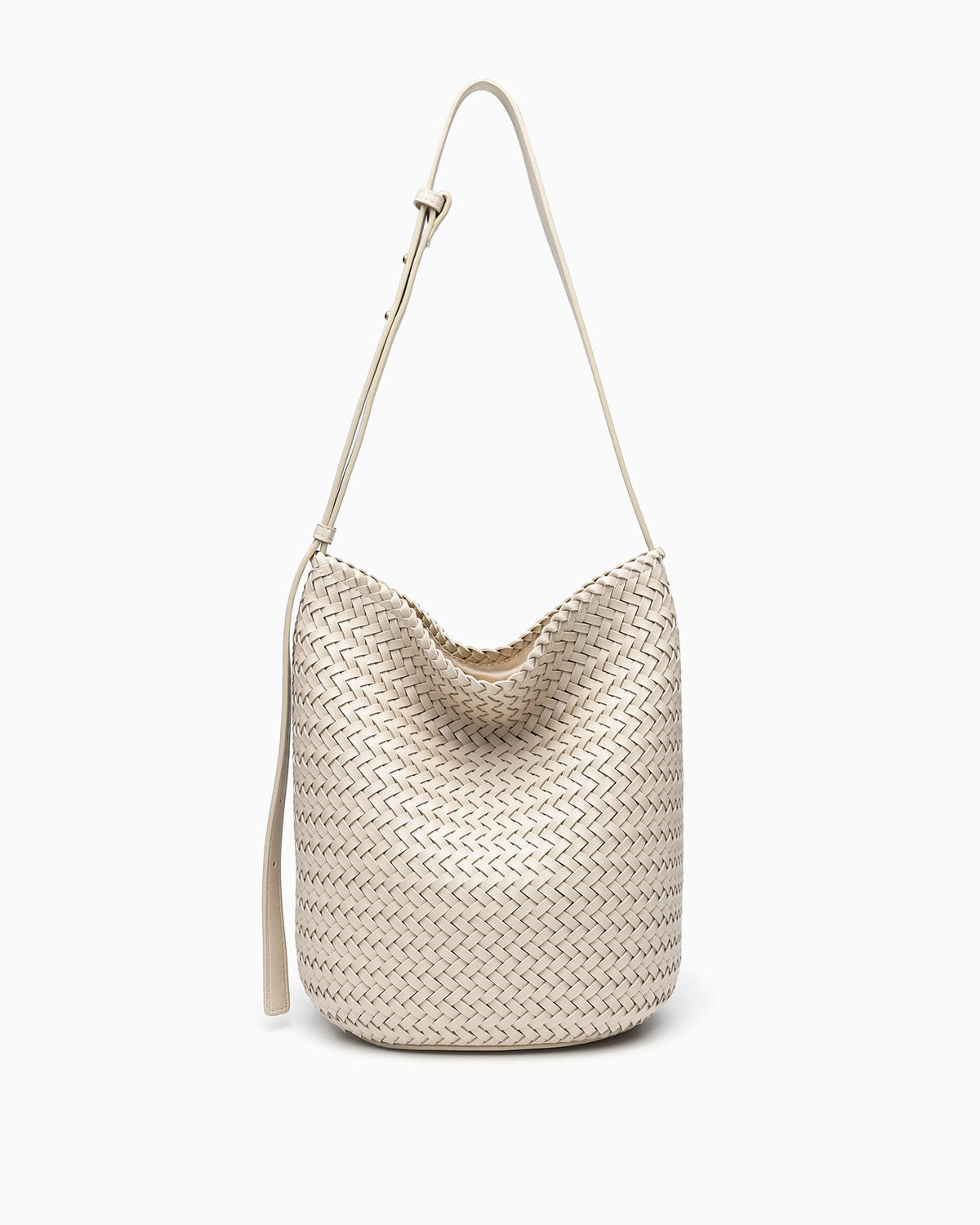 Woven Vegan Leather Bucket Bag with Adjustable Strap, White Color