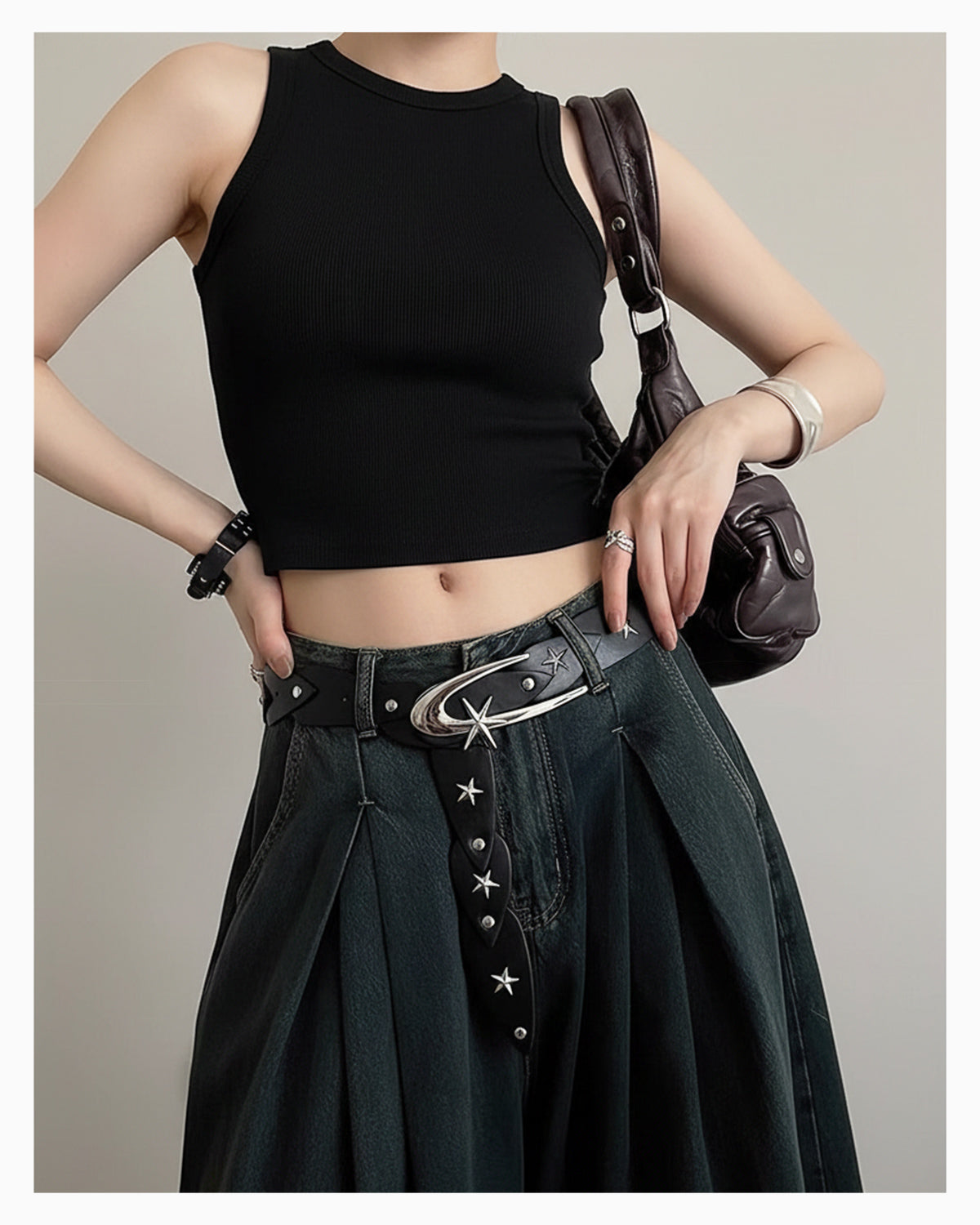 Statement Y2K Cosmic Belt with Crescent Moon Buckle, Black Color