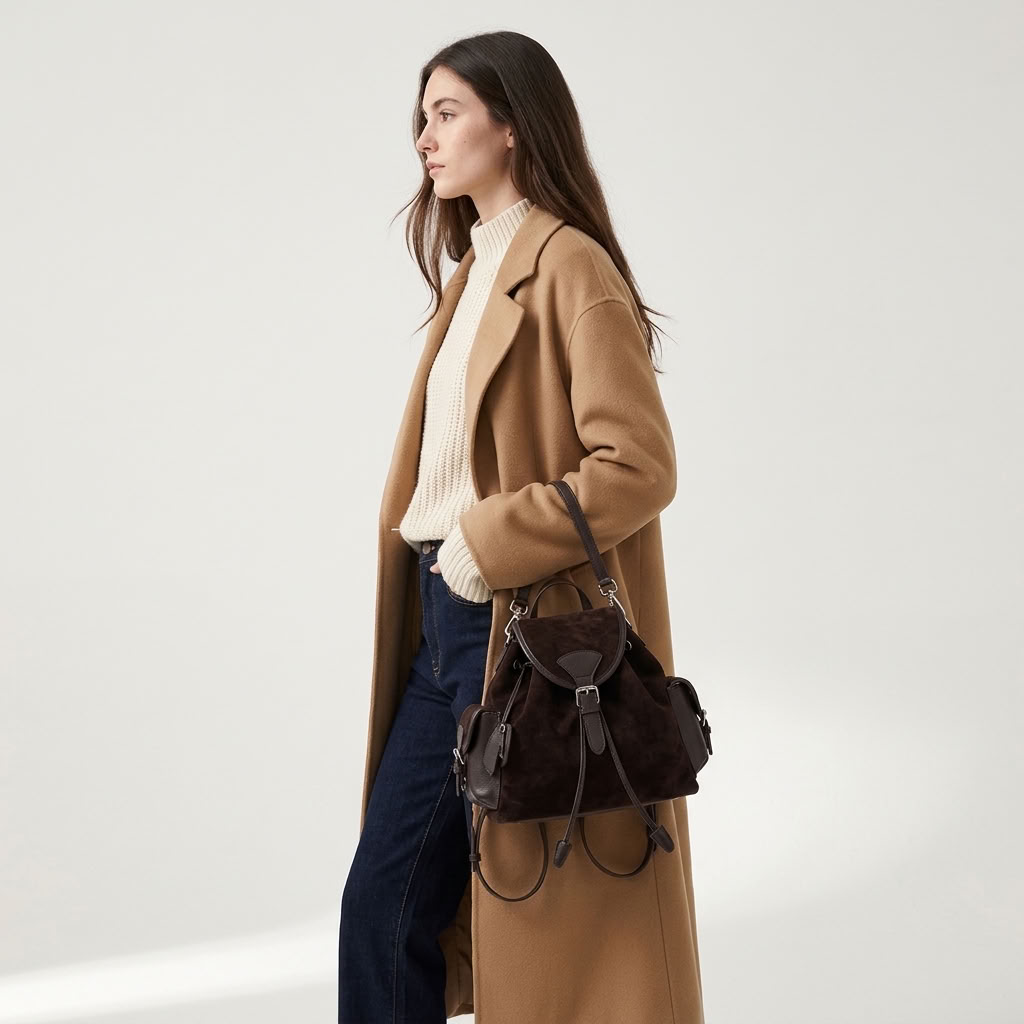 A woman wearing a camel coat, cream turtleneck, and dark blue denim holds an Espresso-Brown suede backpack | BUCKLE Collective
