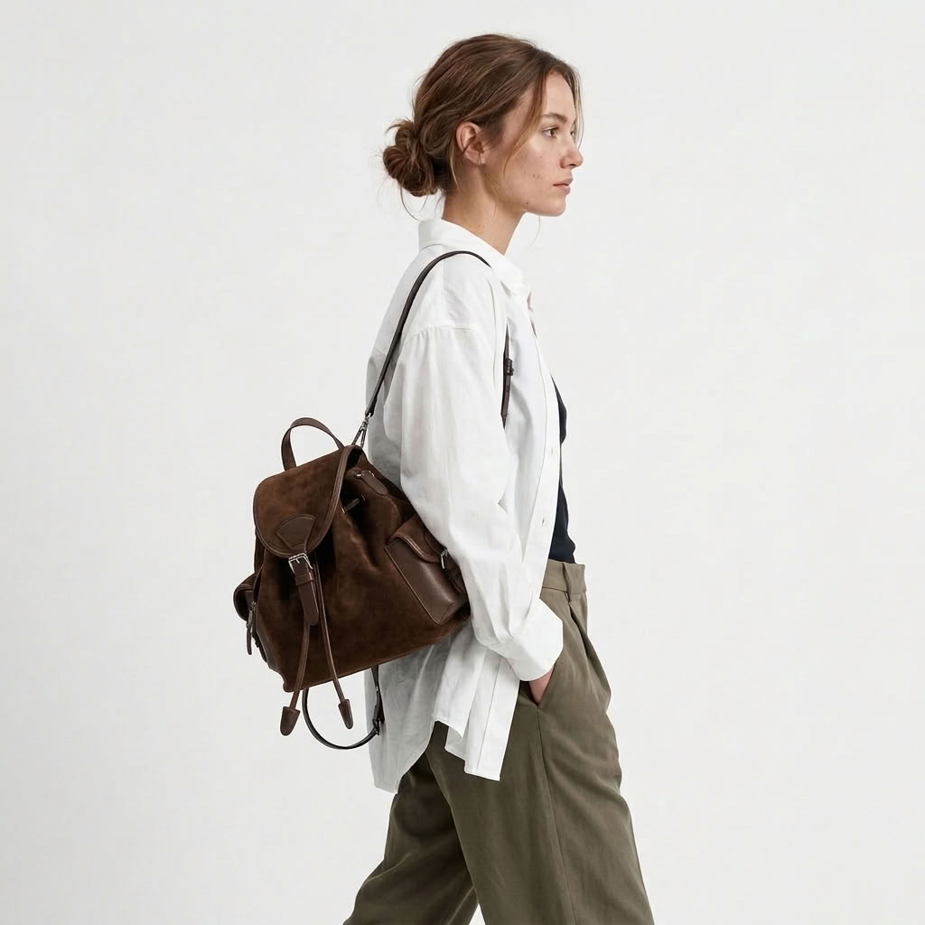 A woman in a white shirt and olive pants, wearing a brown leather backpack by BUCKLE Collective