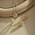 Textured rock heart jewellery set — matching heart stud earrings, pendant necklace, and open ring in vintage gold with pavé cubic zirconia, 18K gold plated S925 sterling silver, BUCKLE Collective⠋
