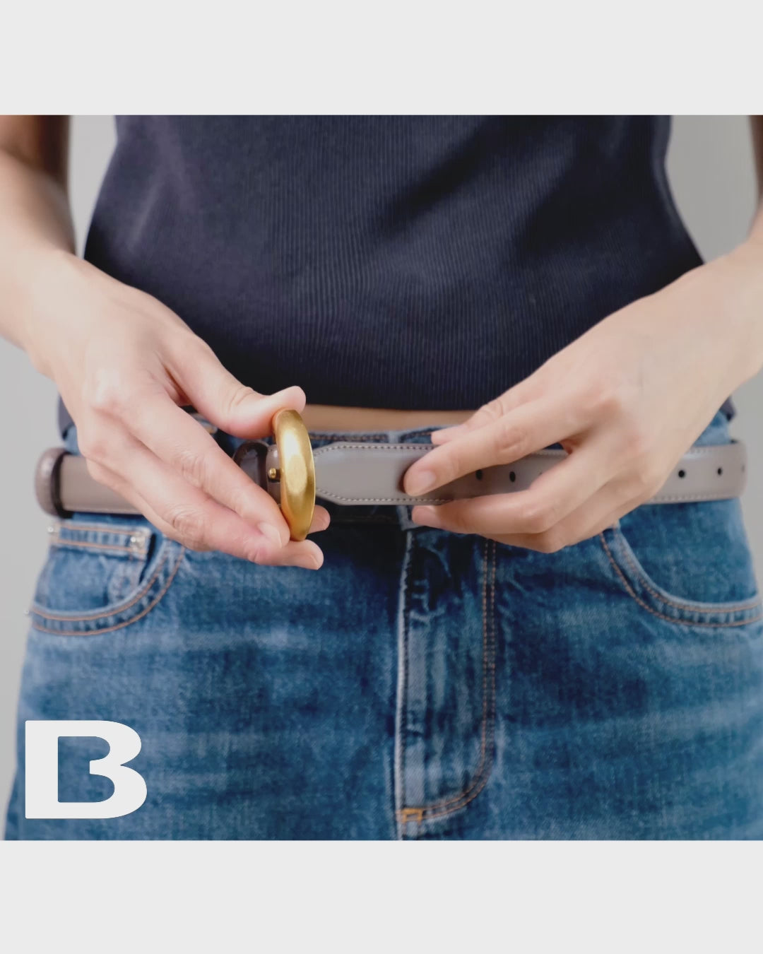 Leather Belt with Round Gold Buckle, Dark Gray
