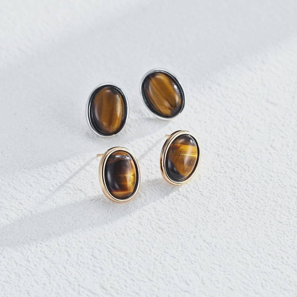 18K Gold Plated S925 Silver Minimalist Tiger's Eye Oval Stud Earrings