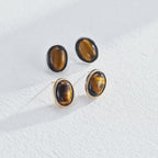 18K Gold Plated S925 Silver Minimalist Tiger's Eye Oval Stud Earrings