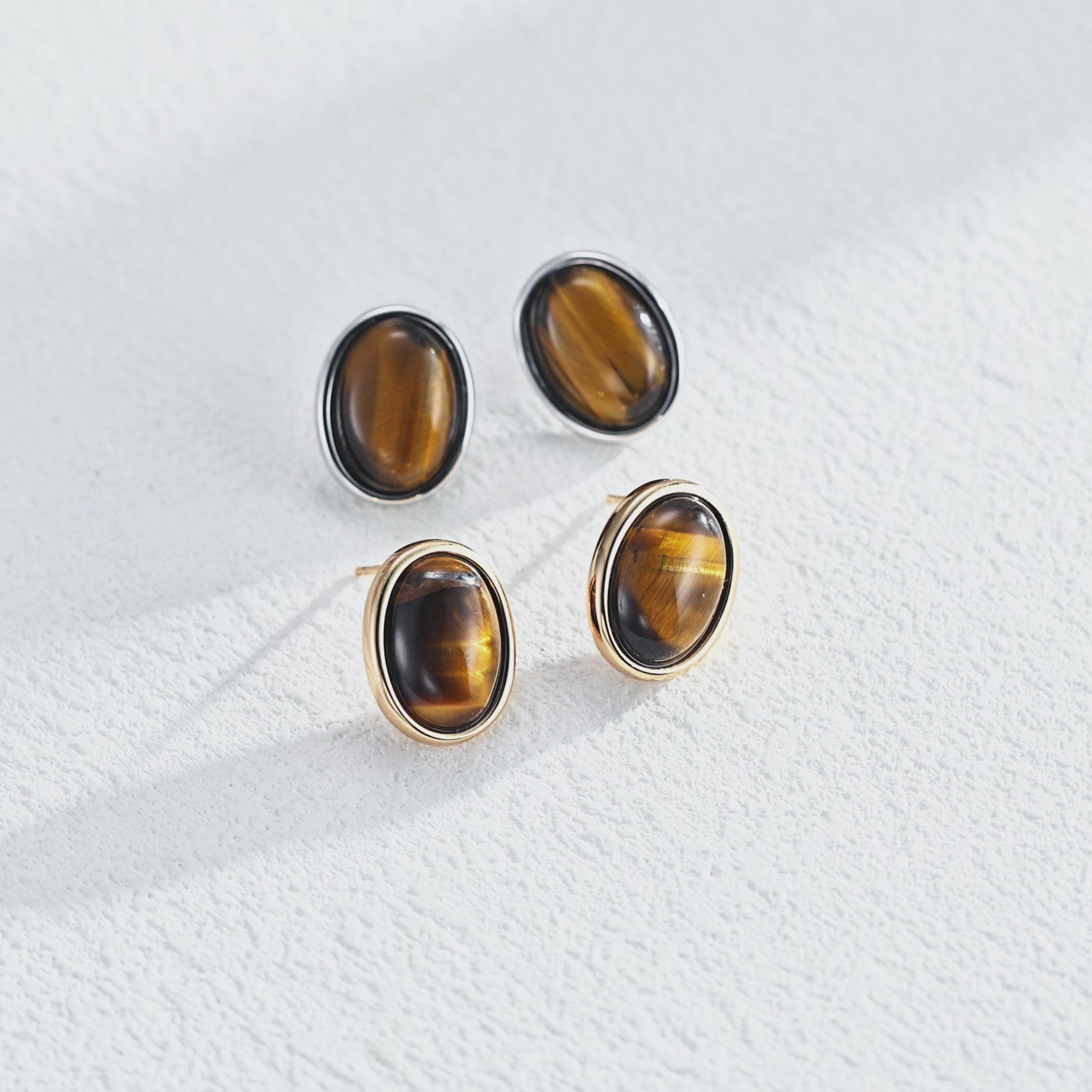 18K Gold Plated S925 Silver Minimalist Tiger's Eye Oval Stud Earrings