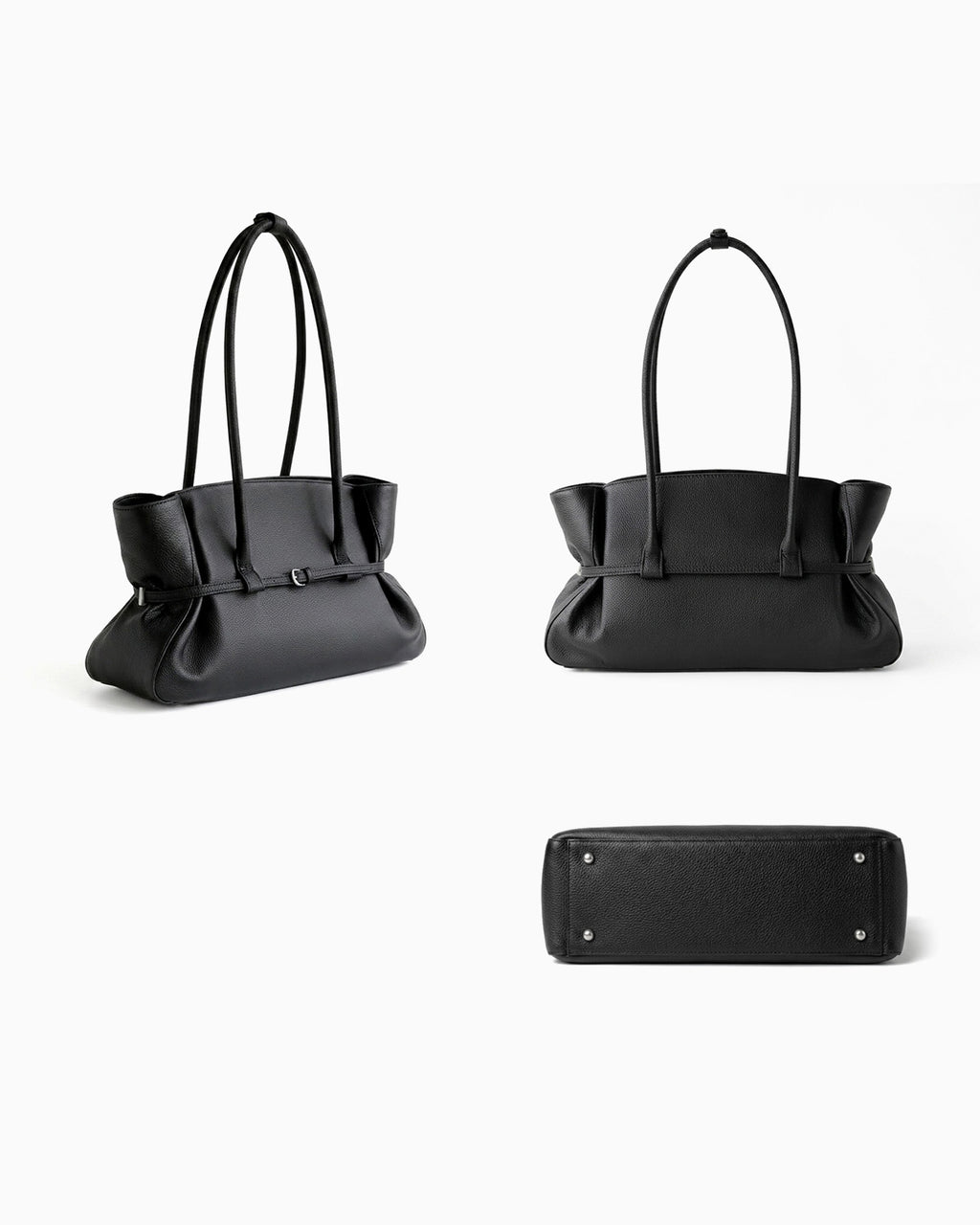 An angle, back abd bottom views of a Black Structured Shoulder Tote with Buckle Strap by BUCKLE Collective