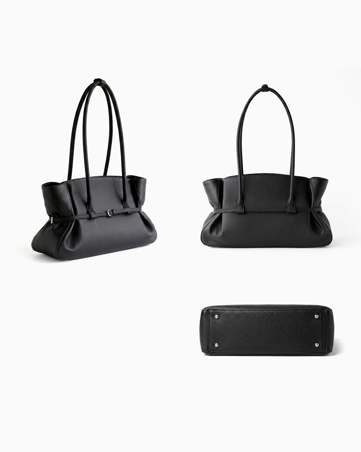 An angle, back abd bottom views of a Black Structured Shoulder Tote with Buckle Strap by BUCKLE Collective