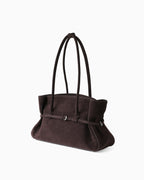 An angle view on a Frosted Brown Structured Shoulder Tote with Buckle Strap | BUCKLE Collective