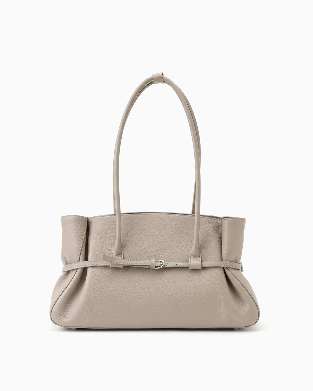 A structured taupe leather handbag with a dual top handle, gathered side details, and a central strap with a silver buckle | BUCKLE Collective